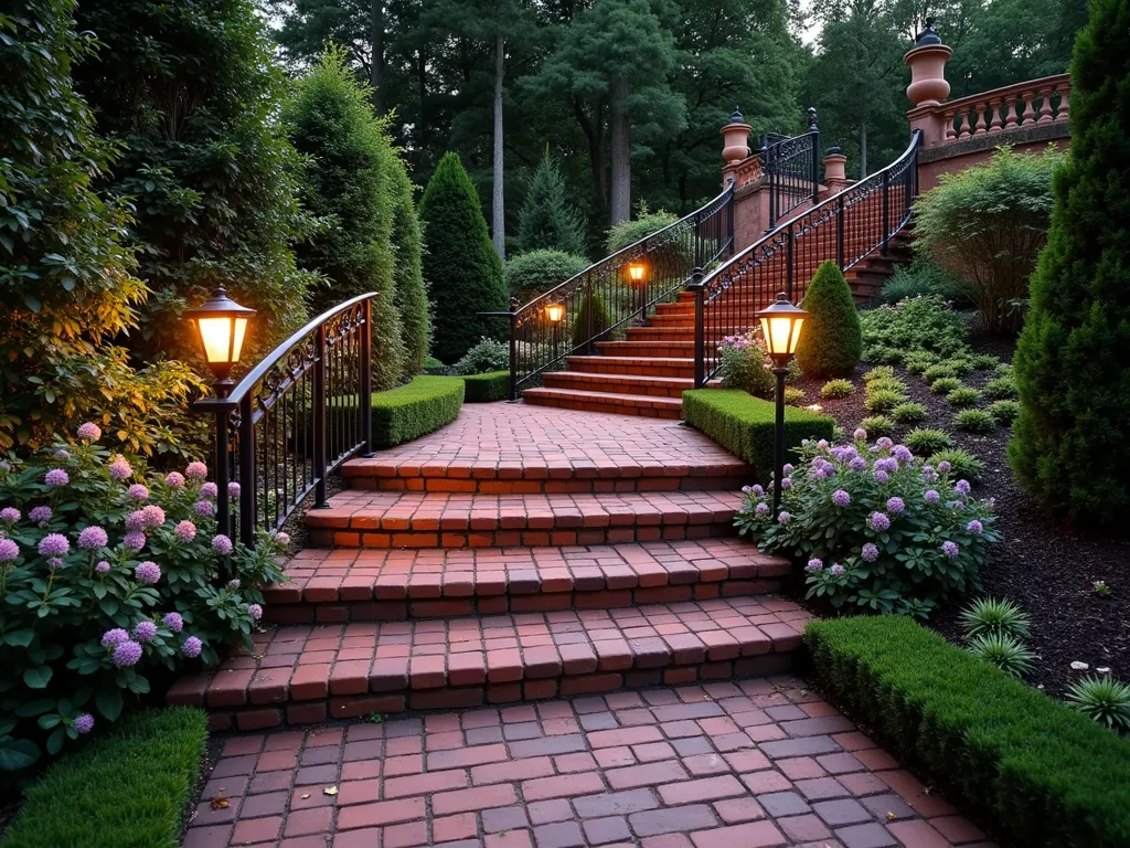 Elegant Curved Brick Garden Steps - A stunning wide-angle twilight photograph of elegant curved brick garden steps sweeping gracefully through a manicured landscape. The warm, reddish-brown brick steps form a gentle S-curve, illuminated by subtle landscape lighting. Lush boxwood shrubs and cascading purple catmint line the edges, while climbing roses trail along decorative wrought iron handrails. The steps rise through three tiers, leading to an elevated garden terrace with classical urns. Soft evening light casts long shadows across the textured brick surface, while copper path lights create a warm, inviting glow. Shot with a digital camera, 16-35mm lens at f/2.8, ISO 400, capturing the rich details and atmospheric lighting.