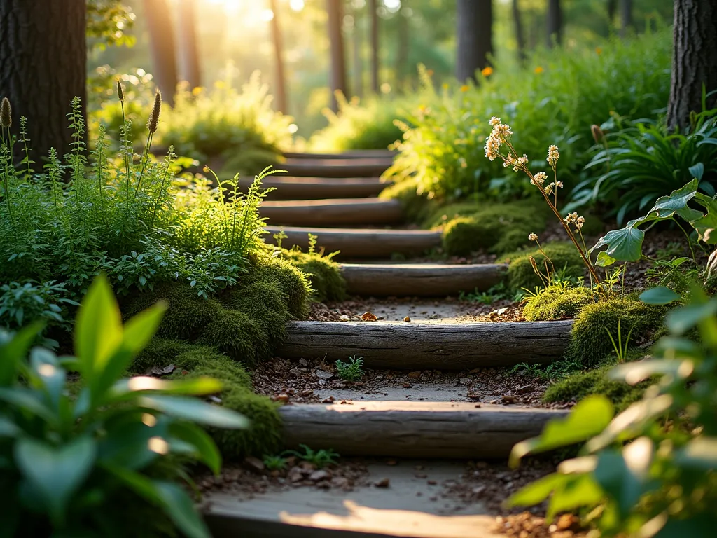 Enchanted Forest Log Steps - A captivating wide-angle shot of natural log steps ascending through a backyard woodland garden at golden hour. Half-buried cedar logs create rustic steps, artfully arranged in a gentle curve. The steps are partially covered with lush emerald moss and native woodland ferns spilling over the edges. Dappled sunlight filters through overhead tree canopy, creating magical light patterns on the steps. Small clusters of woodland wildflowers and creeping thyme grow between the logs, while Japanese Forest Grass softens the edges. The steps are surrounded by established shade-loving perennials and native ground covers, creating a seamless transition with the natural environment. Shot with shallow depth of field highlighting the organic textures of the weathered wood and verdant plant life. DSLR, f/8, ISO 100, 1/125