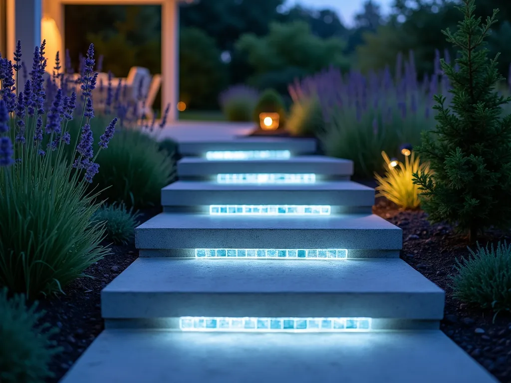 Illuminated Glass Block Garden Steps at Twilight - A magical twilight scene featuring modern garden steps made of polished concrete and illuminated glass blocks casting a soft blue-white glow. The wide-angle shot shows the steps gracefully ascending through a lush garden, with ornamental grasses and lavender bordering each side. The glass blocks are elegantly embedded into the risers of each step, creating a floating effect as light emanates from beneath. The steps lead to a contemporary patio space, while subtle landscape lighting highlights the surrounding foliage. The composition captures the ethereal atmosphere with gentle bokeh effects from the illuminated blocks reflecting off dewy plants.