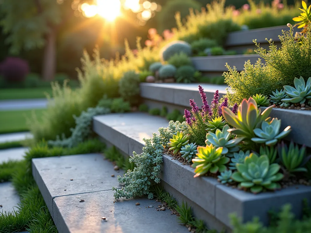 Enchanted Living Wall Garden Steps - A captivating close-up view of modern garden steps at golden hour, where each concrete riser is transformed into a vibrant living wall. The steps feature built-in planting pockets overflowing with a diverse array of succulents, sedums, and small alpine flowers in shades of green, blue, and purple. Cascading Sempervivum rosettes spill over the edges, while Echeveria elegantly dots the vertical surfaces. Natural stone treads in warm gray complement the lush plantings, creating a harmonious blend of architecture and nature. Soft evening sunlight casts gentle shadows, highlighting the dimensional texture of the plants. The surrounding garden is slightly blurred, suggesting a serene backyard setting with mature trees in the background.