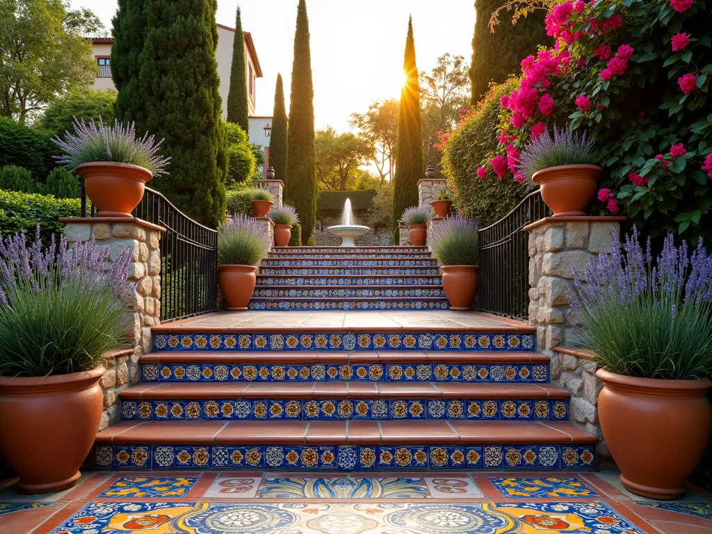 Mediterranean Tiled Garden Steps at Sunset - A wide-angle shot of elegant garden steps adorned with vibrant blue, orange, and yellow Moroccan-inspired ceramic tiles, cascading through a lush Mediterranean garden at sunset. The steps feature intricate geometric patterns and mandala designs, with wrought iron railings. Terra cotta planters filled with lavender and rosemary line both sides of the steps. Golden evening light catches the glazed tiles, making them shimmer. Mediterranean cypress trees frame the background, while bougainvillea drapes gracefully over a nearby stone wall. The steps lead to a charming patio area with a mosaic fountain.