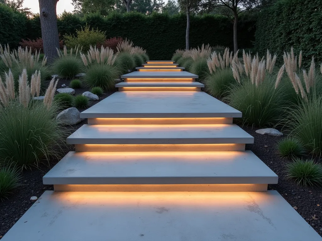 Modern Minimalist Garden Steps - Professional DSLR photograph of sleek, wide concrete garden steps in warm light gray, shot at dusk with soft ambient lighting. The minimalist steps float against a backdrop of ornamental grasses and Japanese forest grass, creating a contemporary zen aesthetic. Clean geometric lines and smooth surfaces are emphasized by strategic lighting, while architectural plants cast subtle shadows on the steps. Shot with a wide-angle lens at f/8, capturing the seamless integration of modern architecture with natural elements. The steps are flanked by strips of LED lighting embedded in the risers, creating a subtle glow. Surrounding plantings of Hakone grass and Mexican feather grass provide organic movement against the stark geometry of the steps.