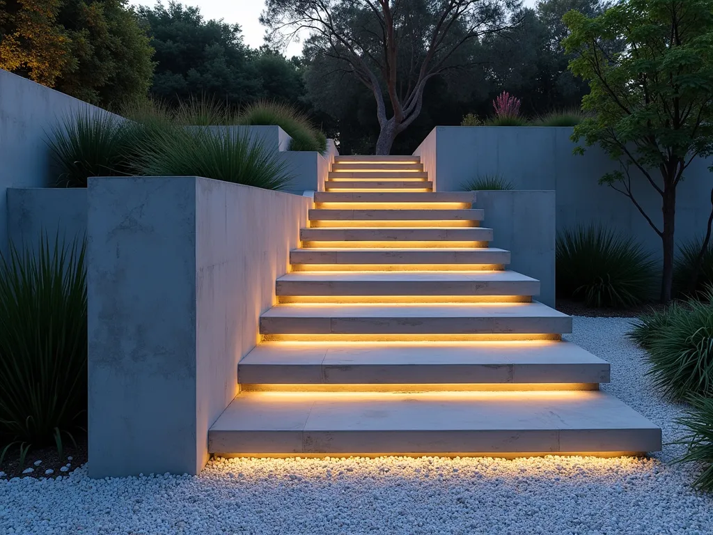 Modern Concrete Block Garden Steps - A twilight photograph of modern geometric concrete block steps ascending through a contemporary garden landscape, shot at f/2.8 with a 16-35mm wide-angle lens. The minimalist steps feature clean-lined floating concrete blocks in a staggered pattern, bordered by crushed white gravel and low-growing ornamental grasses. Soft LED strip lighting illuminates the edges of each step, creating a subtle glow. Japanese Forest Grass and Mexican Feather Grass soften the angular design, while architectural succulents add structural interest. The composition is captured from a low three-quarter angle, emphasizing the dramatic ascending lines and the interplay between hard and soft elements. The evening light casts long shadows across the textured concrete surfaces, highlighting their geometric precision.