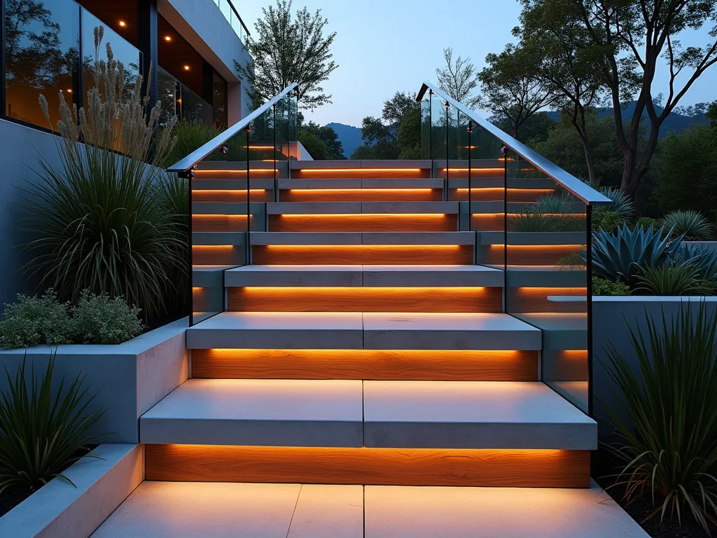 Modern Garden Steps with Wood and Concrete - A dramatic dusk photograph of modern garden steps featuring alternating layers of smooth, light gray concrete and rich teak wood inserts, leading up through a terraced garden. The steps are wide and floating in appearance, illuminated by subtle LED strip lighting underneath each tread. The design is minimalist and architectural, with clean lines and geometric precision. Glass railings on either side reflect the warm sunset light. Native ornamental grasses and Japanese forest grass soften the edges, while architectural succulents in concrete planters add sculptural elements. Shot at f/2.8 with a 16-35mm lens, capturing the perfect balance between the hardscape materials and creating a sense of depth and sophistication.