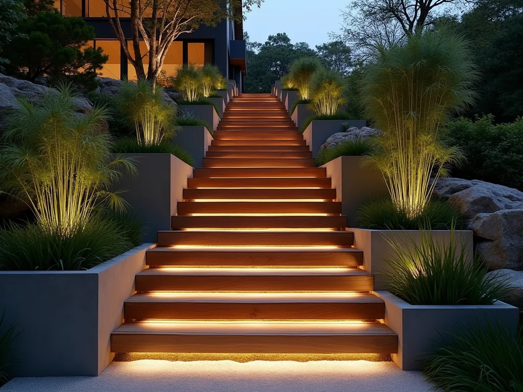 Modern Floating Garden Steps at Twilight - A cinematic wide-angle shot of sleek suspended wooden steps ascending through a modern garden landscape at twilight. The minimalist steps, crafted from rich teak wood, appear to float effortlessly on thin brushed steel supports. Soft landscape lighting illuminates the steps from below, casting dramatic shadows and highlighting their floating appearance. Japanese forest grass and low-growing bamboo frame the pathway, while architectural concrete planters with flowing ornamental grasses create depth. Captured with a 16-35mm lens at f/2.8, ISO 400, the composition emphasizes the dramatic architectural elements while subtle garden lighting creates a magical atmosphere in the fading daylight.