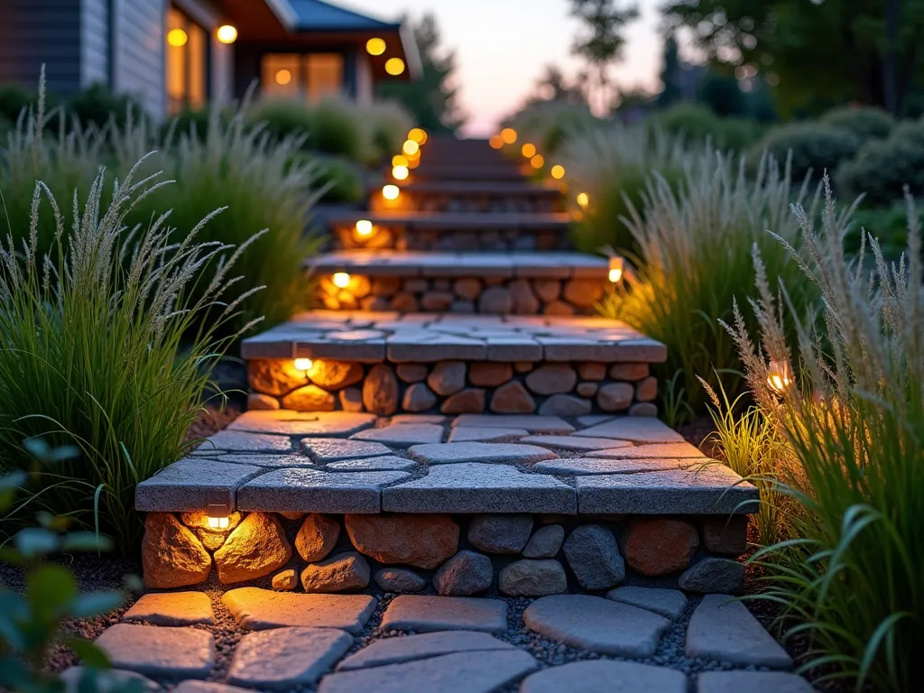 Modern Gabion Garden Steps at Dusk - A wide-angle shot of elegant gabion-style garden steps at dusk, featuring industrial wire cages filled with locally sourced natural gray and rust-colored stones. The steps gracefully ascend through a modern landscaped garden, with warm LED lighting illuminating each step from beneath. Clean architectural lines contrast with the organic texture of the stones, while ornamental grasses softly frame the edges. The steps are captured at f/2.8 with a 16-35mm lens, creating a dreamy bokeh effect in the background where contemporary garden features fade into the twilight. Dew drops on the stones add subtle sparkle, while the wire mesh creates geometric patterns that catch the evening light.