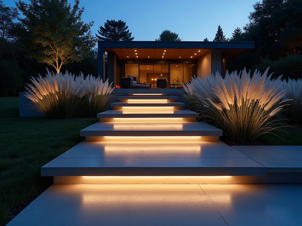 Modern Illuminated Garden Steps at Dusk - A dramatic twilight photograph of minimalist floating concrete steps ascending through a modern garden, illuminated by warm white LED strip lighting underneath each tread. The clean-lined steps are flanked by sculptural Miscanthus sinensis and Mexican feather grass, their silvery plumes catching the last light of day. Shot with a wide-angle lens at f/8 to capture the depth of the scene, with the steps leading towards a contemporary patio space. The integrated lighting creates a stunning reflection on the polished concrete surface, while casting a soft glow on the surrounding landscape. Architectural elements are emphasized by the blue hour lighting, creating a sophisticated and inviting ambiance.