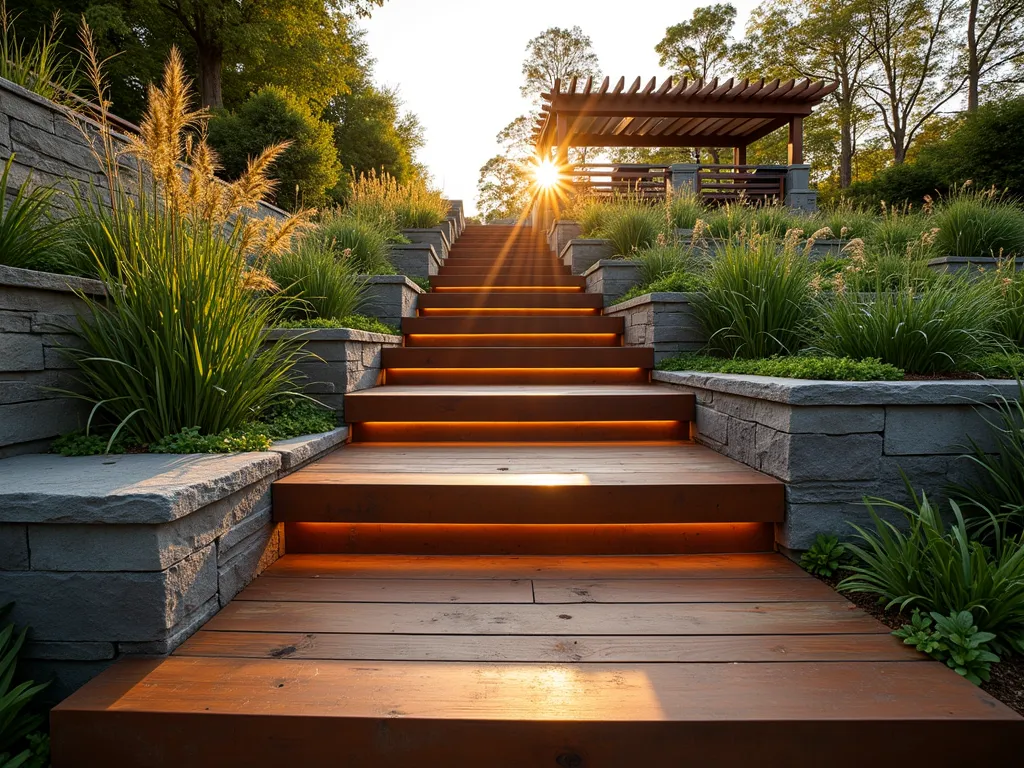 Modern Mixed Material Garden Steps - A stunning wide-angle DSLR photograph of contemporary garden steps at golden hour, showcasing a harmonious blend of materials. Weathered cedar wood treads float between sleek Corten steel risers, while rough-cut bluestone blocks create natural borders. Ornamental grasses and Japanese Forest Grass cascade over the edges, softening the geometric design. The steps ascend gracefully through a terraced garden, with warm sunset light casting long shadows across the mixed materials. The composition captures the textural interplay between smooth and rough surfaces, while integrated LED strip lighting subtly illuminates the path. Shot at f/8 with natural lighting highlighting the rich patina of the steel and the warm tones of the wood. Perspective shows the full flight of steps leading to an elevated garden space, with a modern pergola visible in the background.