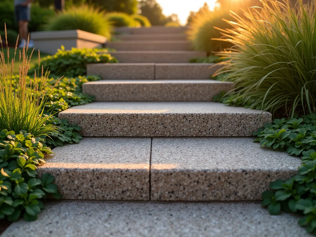 Modern Textured Garden Steps with Exposed Aggregate - A close-up perspective of modern garden steps at golden hour, featuring exposed aggregate concrete with embedded river pebbles in warm earth tones. The textured steps ascend gracefully through a landscaped garden, with soft light highlighting the natural stone variations. Low-growing creeping thyme spills over the edges, while ornamental grasses frame the sides. Shot with a digital camera, 16-35mm lens at f/2.8, ISO 400, capturing the rich texture and dimensional depth of the aggregate surface. Natural shadows emphasize the step transitions, while the setting sun creates a warm glow on the stone surface. Photorealistic, architectural photography style.