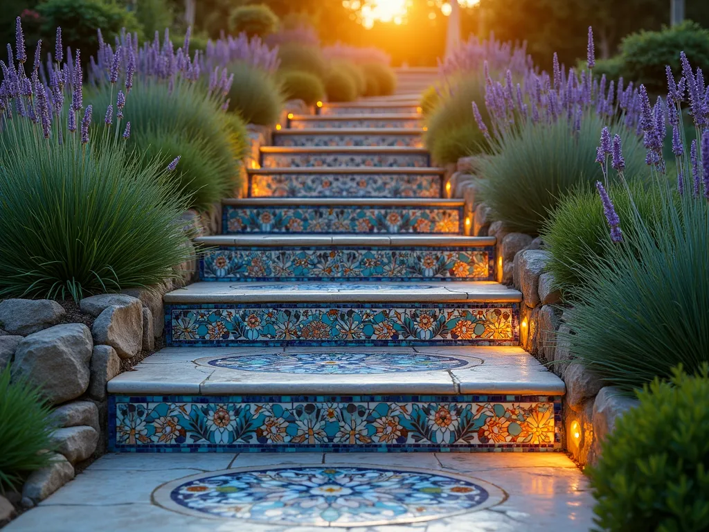 Vibrant Mosaic Garden Steps at Sunset - A gently curving garden stairway at sunset, featuring intricate mosaic patterns in jewel tones of blue, turquoise, and amber. The steps are adorned with detailed floral and geometric designs made from broken ceramic tiles and colored glass pieces, creating a Mediterranean-inspired look. The mosaic pattern catches the golden evening light, making the steps appear to shimmer. On either side, lush ornamental grasses and lavender plants soften the edges, while small LED lights embedded between steps create a magical ambiance. The composition is shot at a slight angle to showcase both the detailed mosaic work and the overall flow of the steps through the garden landscape.