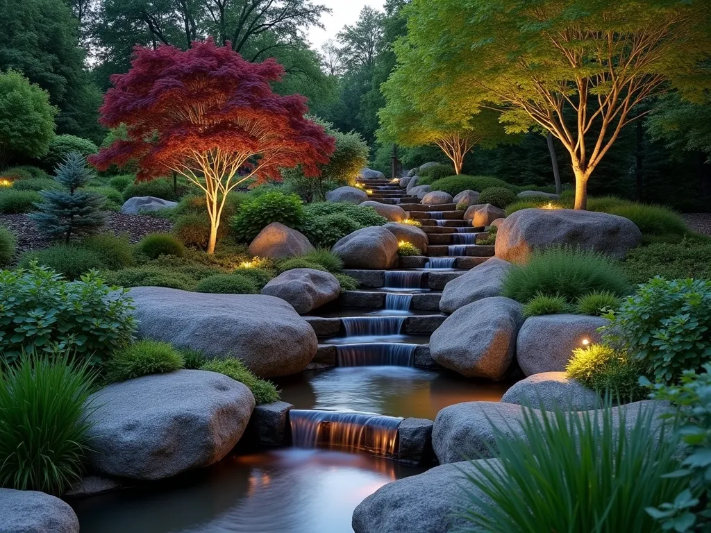 Natural Boulder Stream Steps at Dusk - A serene garden scene at dusk featuring natural stone steps made from large, weathered granite boulders ascending alongside a gentle cascading stream. The water feature winds between the steps, creating mini waterfalls that catch the warm evening light. Native ferns and moss grow between the stones, while Japanese Forest Grass softens the edges. The steps are illuminated by subtle landscape lighting, creating a magical atmosphere as water trickles down the rocks. Shot with a wide-angle lens to capture the entire composition, with the focus on the interplay between the flowing water and natural stone steps. The scene is backdropped by mature Japanese Maples, their leaves casting delicate shadows on the water's surface.