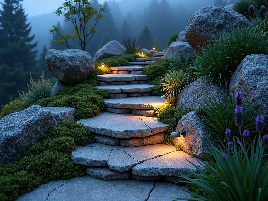 Natural Rock Garden Steps at Dusk - A mystical garden path with naturally arranged granite and limestone steps ascending through a lush landscape, captured at dusk with soft ambient lighting. Large, weathered boulders are artfully positioned to create organic-looking steps, nestled among creeping thyme, moss, and small ferns. The steps wind gently upward through a rockery garden, with ornamental grasses and purple coneflowers softening the edges. Low-voltage landscape lighting casts a warm glow on the stone surfaces, creating dramatic shadows. Shot from a low angle to emphasize the natural formation's grandeur, with a misty background suggesting early evening atmosphere.