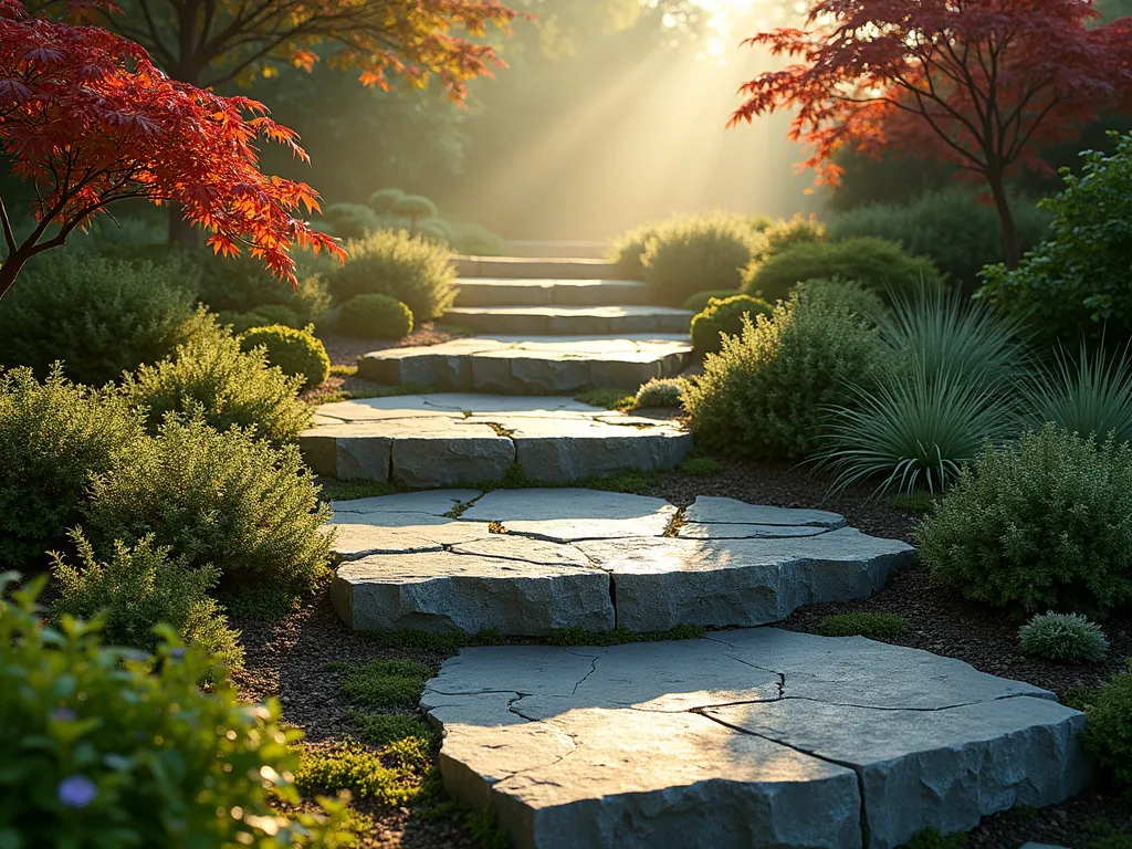 Meandering Natural Stone Garden Steps - A serene early morning garden scene featuring massive irregular natural stone slab steps gracefully ascending a gentle slope. The wide-angle shot captures dew-kissed creeping thyme and Irish moss growing between the weathered grey stone slabs, creating an organic, established look. Golden morning light casts long shadows across the textured surface of the stones, while mature Japanese maples frame the composition on either side. The steps appear to emerge naturally from the landscape, surrounded by clusters of ornamental grasses and small patches of flowering sedums. A subtle morning mist adds depth to the background, where the path leads to a hidden garden area. Shot with perfect depth of field to showcase both the intricate stone textures and the delicate plant life.