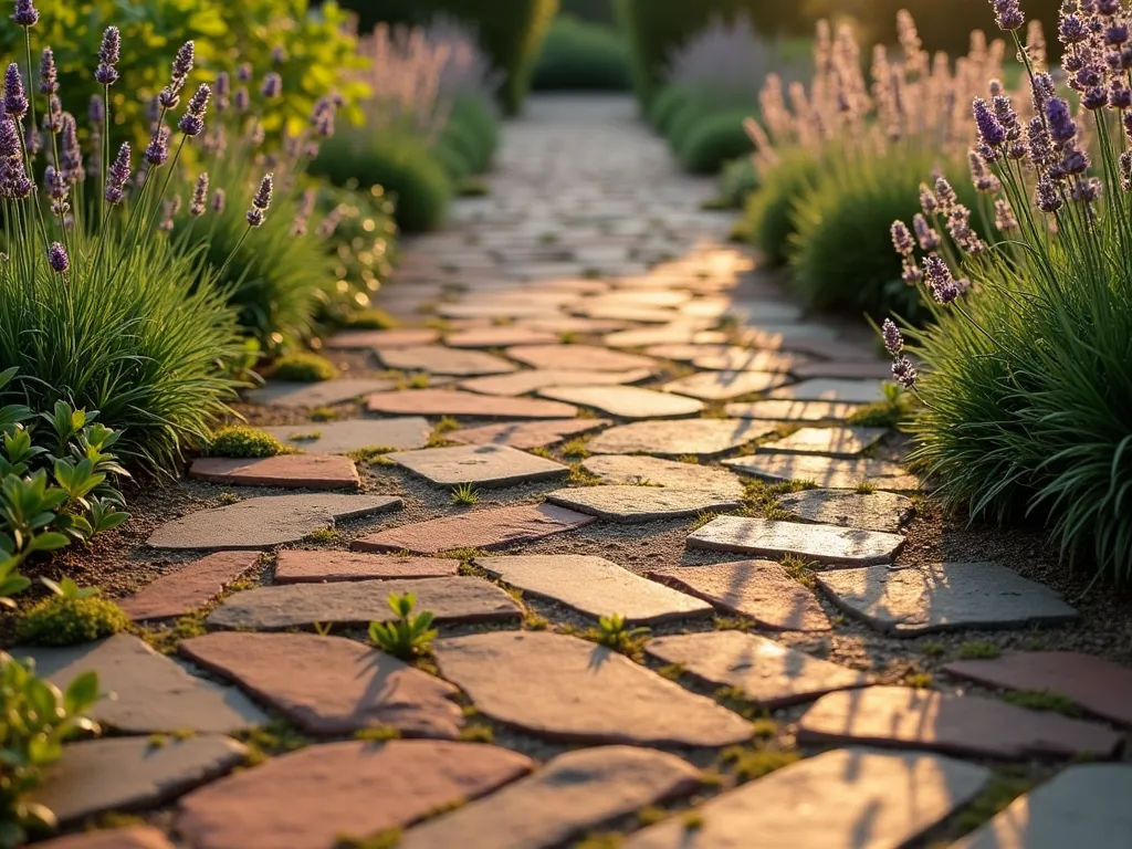 Rustic Herringbone Brick Garden Steps - A charming garden pathway featuring gently ascending steps made from reclaimed red and earth-toned bricks arranged in an elegant herringbone pattern. The weathered bricks show subtle variations in color and texture, with moss and small herbs growing between the joints. The steps are flanked by cottage-style perennial gardens with lavender and creeping thyme spilling over the edges, creating a romantic, lived-in feel. Captured during golden hour, with warm sunlight casting long shadows across the textured brick surface, highlighting the rich patina of the salvaged materials. Low angle shot emphasizing the artistic pattern and natural aging of the bricks.