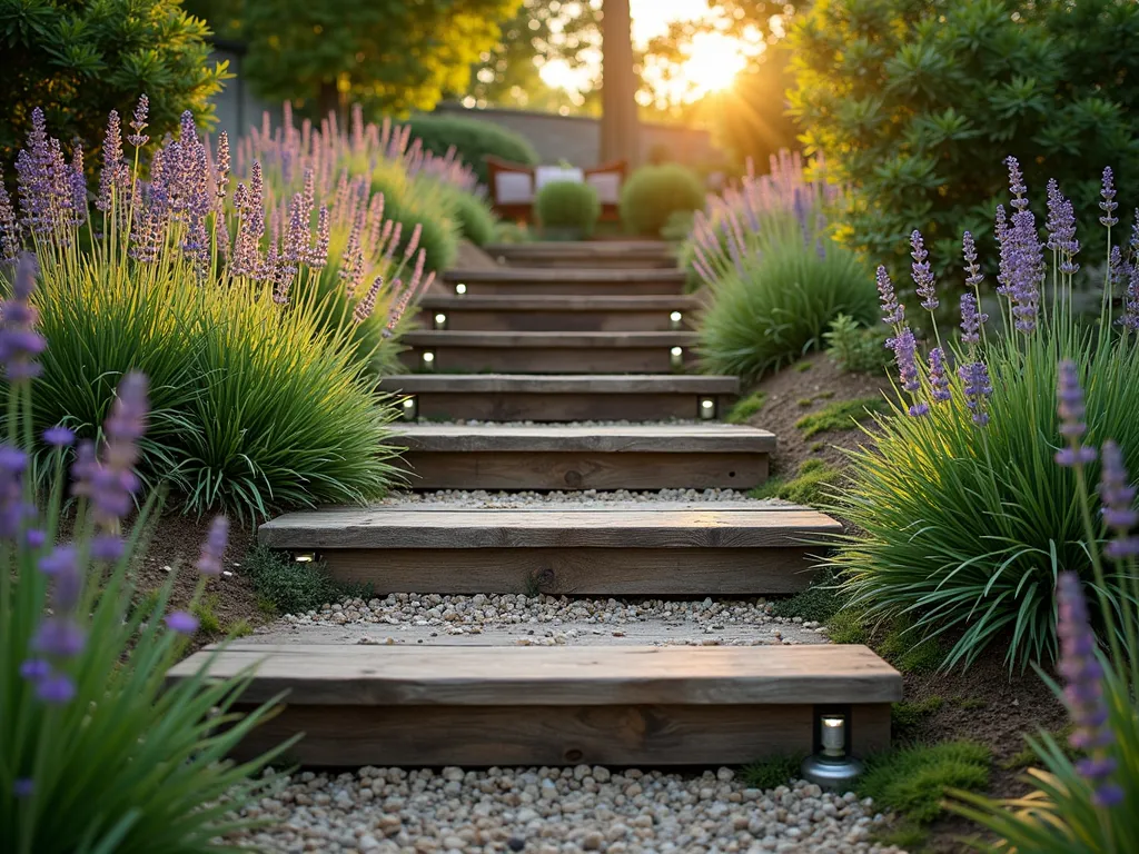 Rustic Railway Sleeper Garden Steps at Sunset - A DSLR wide-angle shot of weathered railway sleeper garden steps ascending through a lush garden at golden hour. The reclaimed wooden steps, richly textured with age, create a natural terraced pathway flanked by flowering lavender and ornamental grasses. Soft evening sunlight filters through nearby trees, casting warm shadows across the timber's grain. The steps are artfully integrated into a gentle slope, with moss and creeping thyme growing between the sleepers, adding an organic feel. Small LED path lights are subtly positioned along the edges, preparing to illuminate the steps at dusk. The composition captures both the rustic charm and practical functionality of the installation, with the steps leading toward a cozy garden seating area visible in the background.