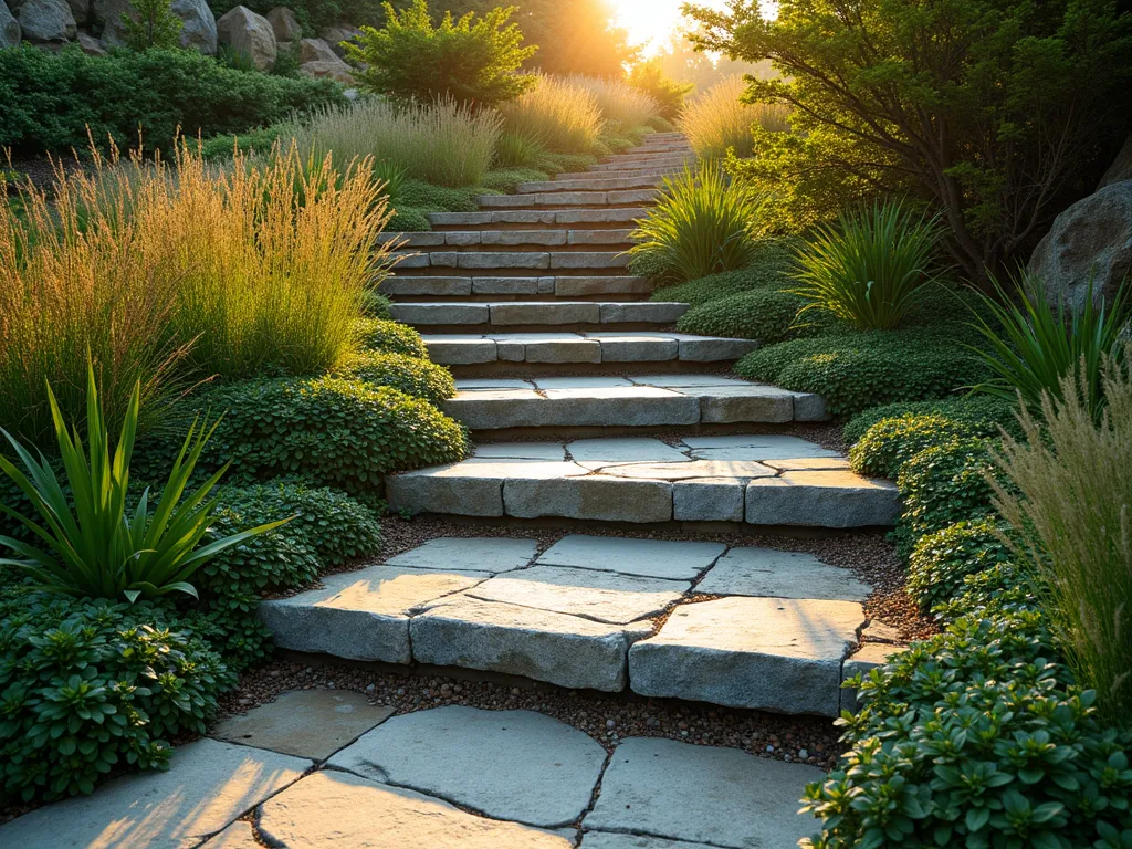 Enchanting Spiral Stone Garden Steps - A stunning wide-angle shot of elegant spiral stone steps winding through a lush garden at golden hour. Natural stone steps with weathered patina curve gracefully upward in a perfect spiral, bordered by cascading plants and ornamental grasses. Low-growing creeping thyme spills between the stones while Japanese maples and ornamental grasses create depth and texture along the curves. Soft evening light casts long shadows across the weathered stone surfaces, highlighting their natural texture. The spiral ascends a steep hillside garden, with each turn revealing new garden vignettes. Professional landscape photography with perfect depth of field captures rich details in both the stone work and surrounding foliage, shot with a DSLR camera, f/8 aperture, ISO 100, 1/125 shutter speed, wide-angle lens, 8K resolution