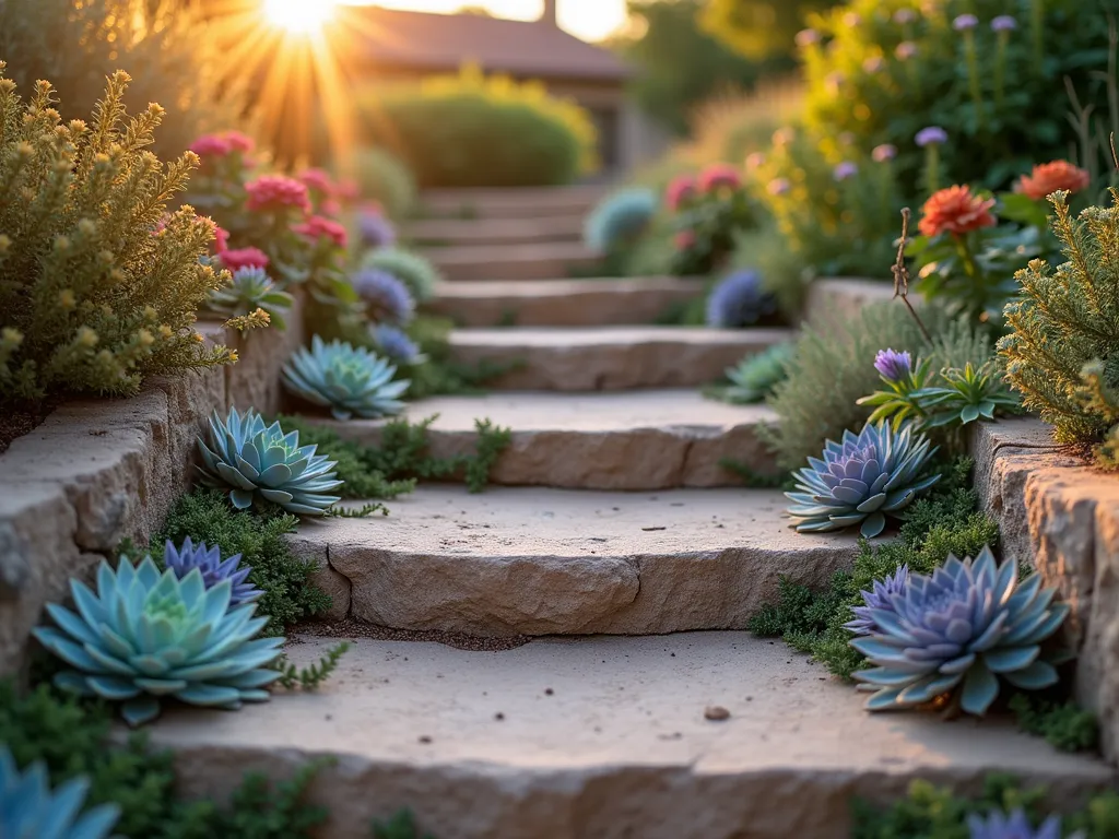 Succulent Garden Steps at Sunset - A close-up shot of curved stone garden steps at golden hour, with vibrant succulents cascading along both sides. The steps are made of natural sandstone, featuring Echeveria rosettes in blues and purples, trailing Sedum morganianum, and copper-toned Sempervivum tectorum creating a living border. Soft sunset light casts long shadows across the textured steps, while the succulents' fleshy leaves catch and reflect the warm evening glow. Shot with shallow depth of field highlighting the intricate details of the drought-resistant plants against the weathered stone background.