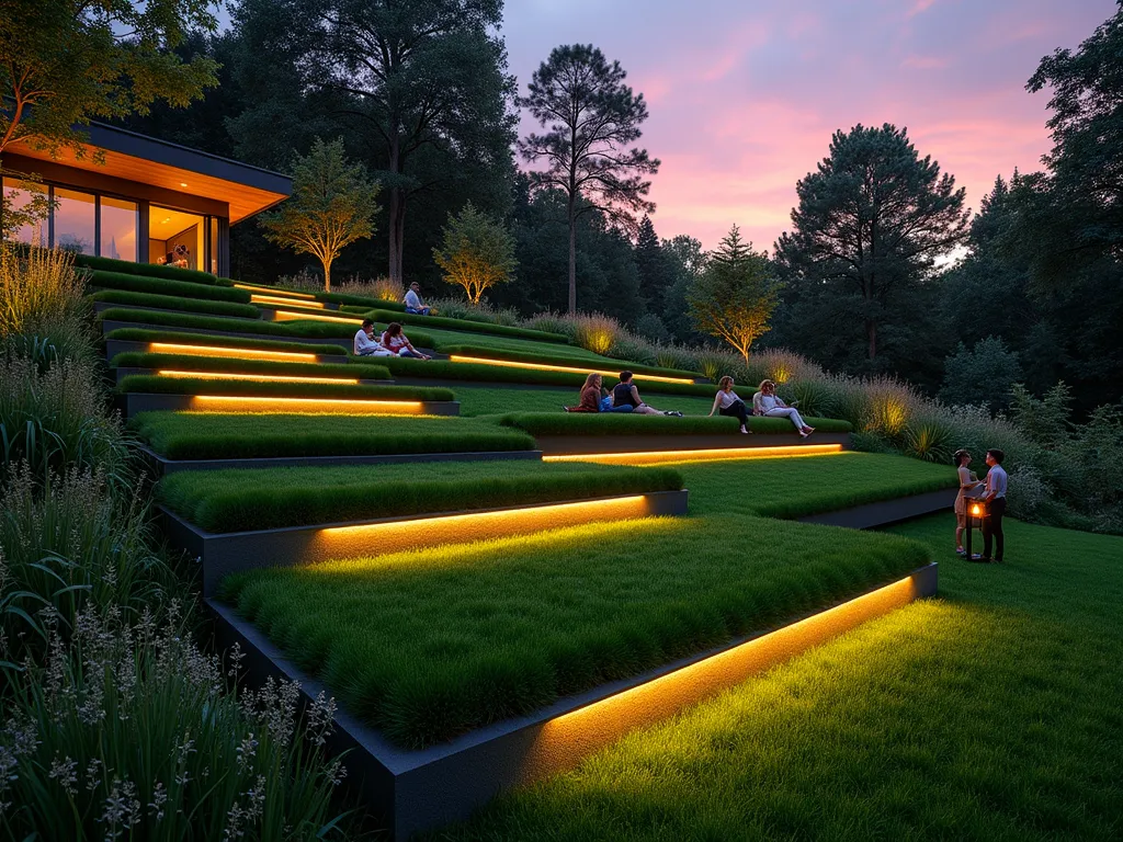 Terraced Grass Steps in Modern Garden - A stunning wide-angle twilight shot of cascading grass-covered terraced steps in a modern backyard garden. The broad, seamlessly integrated steps are covered in lush, manicured green grass, creating natural living platforms that flow organically down a gentle slope. Soft landscape lighting illuminates the edges of each step, casting a warm glow across the terraces. The steps are wide enough to serve as casual seating areas, with small groups of people relaxing on blankets enjoying the evening. Native wildflowers and ornamental grasses frame the edges of the steps, while mature trees in the background are silhouetted against a purple-orange sunset sky. The entire scene has a dreamy, ethereal quality with a shallow depth of field that emphasizes the architectural lines of the grass steps.