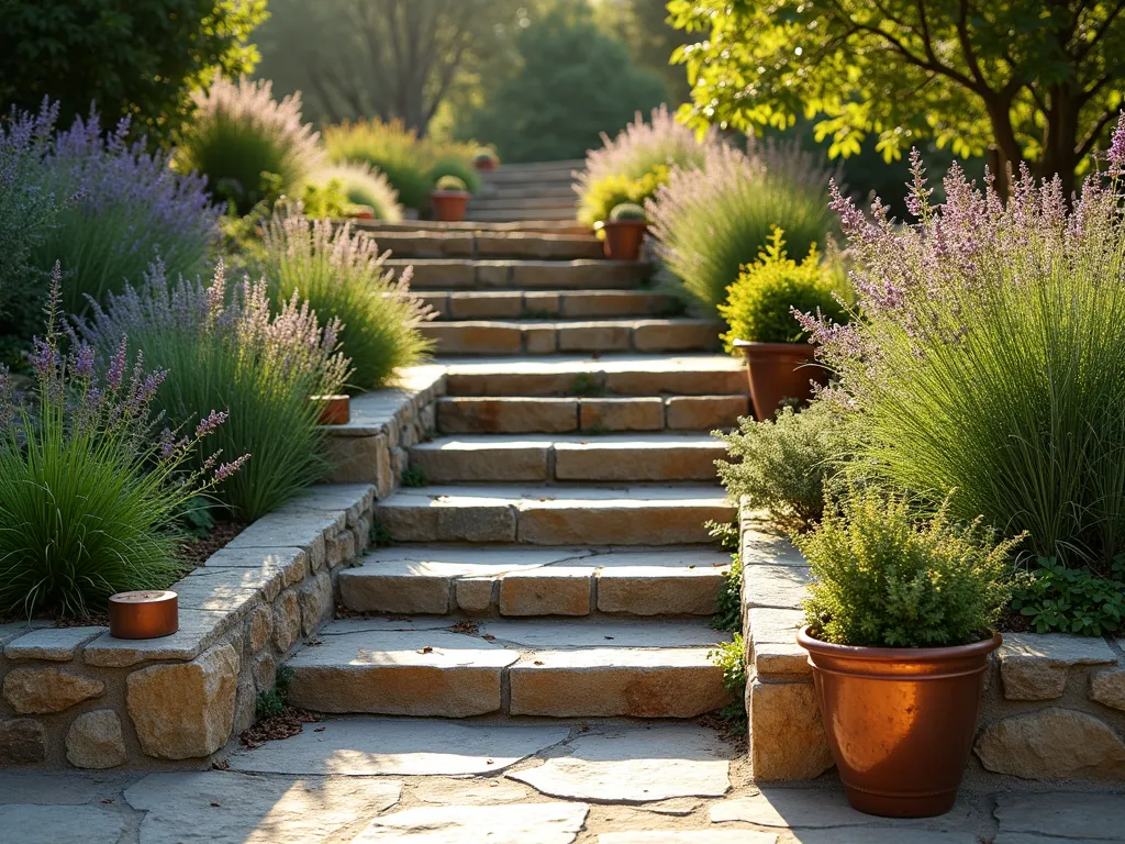 Cascading Herb Garden Steps - A golden hour photograph of elegantly terraced garden steps, featuring multiple levels of built-in herb planters. The natural stone steps cascade down a gentle slope, with lush herbs spilling over each tier's edge. Mediterranean herbs like lavender, sage, and thyme create a tapestry of textures and soft colors. The steps are wider at each level to accommodate the integrated planters, with fresh rosemary and oregano reaching toward the sunlight. Weathered terracotta pots accent the corners, while copper garden markers identify each herb variety. The scene is captured from a three-quarter angle, showing both the vertical dimension of the steps and the horizontal spread of the herb garden, with late afternoon sun casting warm shadows across the natural stone surfaces.