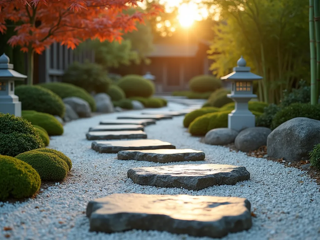 Tranquil Zen Garden Stone Steps at Dusk - A serene Japanese-inspired garden pathway featuring irregular natural granite stepping stones thoughtfully placed in a sea of meticulously raked white gravel, photographed during golden hour. The stones create a meandering path through the garden, with their weathered surfaces catching the warm evening light. Low-growing moss hugs the edges of the stones, while carefully pruned Japanese maples and bamboo frame the scene. Stone lanterns cast subtle shadows across the raked patterns in the gravel, creating a contemplative atmosphere. Shot with a wide-angle lens at f/2.8 to capture the depth and texture of the scene, with the foreground stones in sharp detail while the background garden elements fade into a dreamy bokeh.