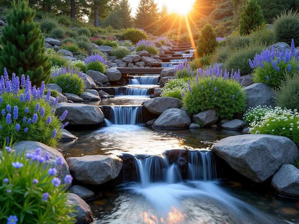 Mountain Stream Cascade Garden - A dramatic backyard alpine stream cascading down multiple rocky levels at golden hour, photographed with a wide-angle lens. Crystal-clear water tumbles over natural granite boulders, creating small waterfalls between terraced pools. The edges are lined with vibrant alpine flowers including blue Gentians, purple Saxifraga, and white Edelweiss. Dwarf evergreen shrubs and ornamental grasses provide texture among the rocks. Natural stone steps weave alongside the stream, while a rustic wooden bridge crosses the lower pool. Morning mist adds atmosphere while sunlight catches the water droplets. Shot at f/2.8 with shallow depth of field highlighting the water features. Photorealistic, high detail, professional landscape photography.