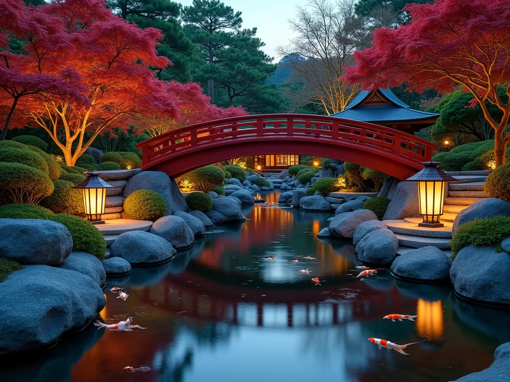 Serene Asian Garden Stream at Dusk - A stunning wide-angle DSLR photograph of a meandering garden stream at dusk, captured with perfect exposure and depth. A traditional red wooden moon bridge arches gracefully over crystal-clear waters, its reflection perfectly mirrored below. Stone lanterns cast a warm glow along the waterway, illuminating carefully placed granite boulders and natural stepping stones. Vibrant koi fish swim beneath the surface, their orange and white scales catching the evening light. Japanese maples frame the scene with their delicate red foliage, while bamboo groves create natural screens. A small meditation pavilion nestles beside the stream, surrounded by cloud-pruned junipers and moss-covered rocks. Stone basins and cascading mini waterfalls add gentle water music. The composition balances hardscape and plantings in true Japanese garden style, photographed with a wide-angle lens at f/8, ISO 100, creating remarkable detail and depth.