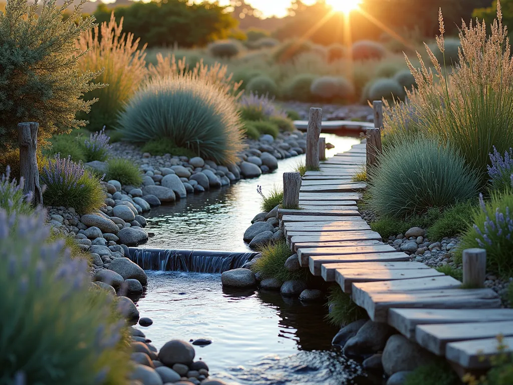 Coastal Garden Stream at Sunset - A serene coastal garden stream photographed at golden hour with a wide-angle lens, featuring weathered driftwood bridges and borders. The meandering stream is lined with smooth beach pebbles and coastal rocks in varying sizes, surrounded by swaying ornamental grasses and maritime plants. Natural stone waterfalls create gentle cascades, while clusters of blue fescue, sea lavender, and hardy succulents dot the landscape. Sun-bleached wooden boardwalk paths parallel the stream, with weather-worn posts and rope details adding nautical charm. The low evening sun casts long shadows across the water's surface, highlighting the ripples and creating a warm, golden glow on the weathered wood elements. Shot at f/2.8 with shallow depth of field, focusing on the stream's natural flow while softly blurring the coastal vegetation in the background.