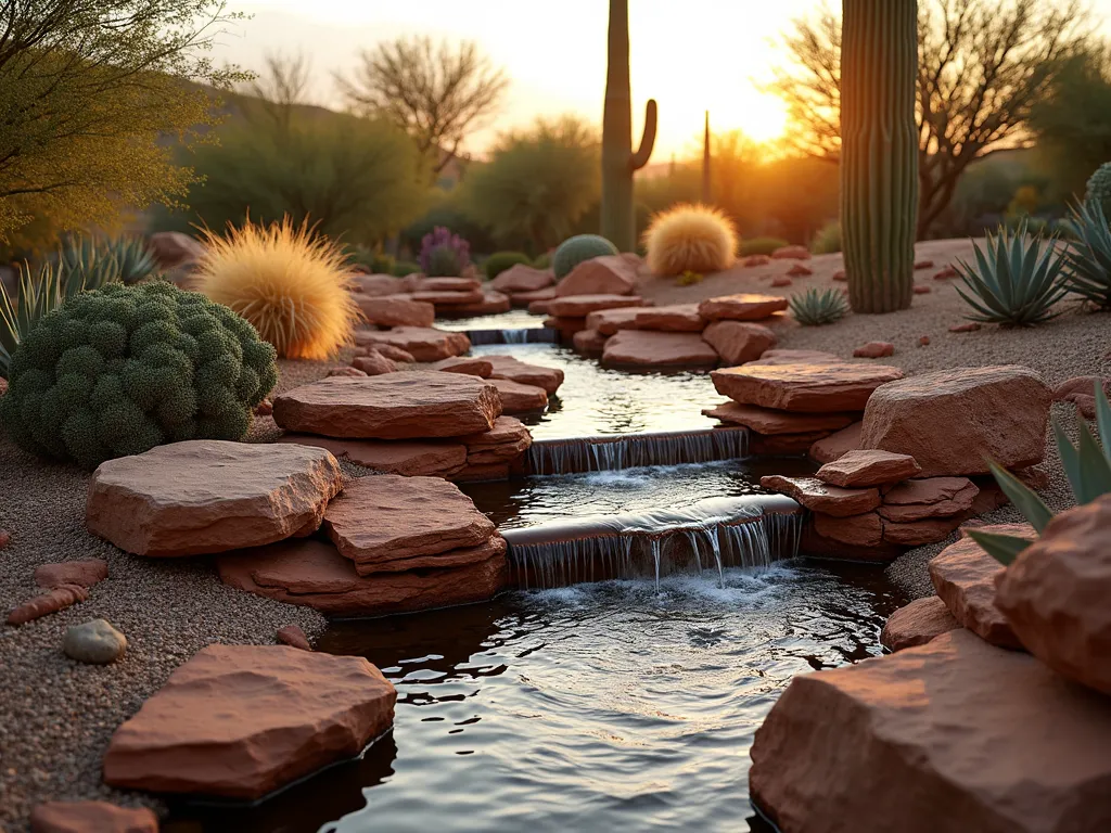 Desert Oasis Stream at Sunset - A mesmerizing desert backyard stream features layered red sandstone rocks creating a gentle waterfall, surrounded by artfully placed barrel cacti, agave, and golden desert grasses. The stream meanders through a landscape of crushed desert granite, with weathered copper water spouts. Captured at sunset with warm golden light casting long shadows across the water's surface, highlighting the stream's gentle ripples. Desert-adapted plants like blue sage and ocotillo frame the scene, while strategic LED lighting illuminates the water feature. Wide-angle perspective showcases the entire stream system integrated seamlessly into the desert landscape design.