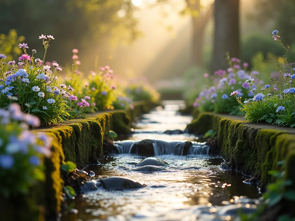 Enchanted Cottage Garden Brook at Dawn - A dreamy wide-angle photograph of a gently meandering garden stream at dawn, surrounded by a lush cottage garden. Golden morning light filters through a misty atmosphere, illuminating weathered stone borders and antique brick pathways that line the brook. Clusters of pastel-colored forget-me-nots and primroses bloom abundantly along the water's edge, their petals catching dewdrops. Traditional cottage garden flowers cascade over the weathered stones, creating a romantic, time-worn appearance. The stream's crystal-clear water reflects the soft morning sky, while moss-covered stones peek through the flowing water. Captured with a 16-35mm lens at f/2.8, ISO 400, emphasizing the ethereal atmosphere and natural depth of the garden landscape.