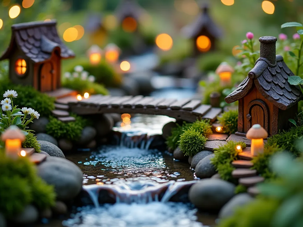 Enchanted Fairy Garden Stream at Twilight - A magical close-up shot of a delicate garden stream at twilight, bordered by miniature fairy houses nestled among tiny flowering plants. The stream features multiple small waterfalls cascading over moss-covered stones, with a handcrafted wooden fairy bridge arching over the crystalline water. Soft, warm LED lights hidden among the foliage cast a ethereal glow, creating dancing reflections on the water's surface. Delicate ferns and miniature flowering plants like baby's breath and dwarf mondo grass line the stream banks. Small glowing mushrooms and diminutive garden lanterns dot the landscape, while tiny fairy figurines appear to dance among the foliage. The scene is captured with a shallow depth of field, creating a dreamy, bokeh effect in the background where additional fairy lights twinkle.