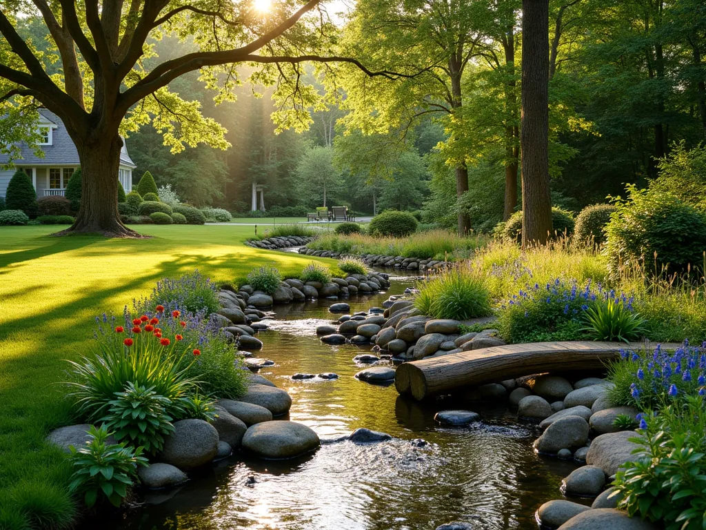 Tranquil Forest Edge Stream Garden - A serene, late afternoon photograph of a naturalistic garden stream meandering between a manicured backyard and woodland edge, shot with a wide-angle lens at f/2.8. Golden sunlight filters through towering oak and maple trees, creating dappled shadows on the water's surface. Local fieldstone lines the gently curved stream banks, while native ferns, woodland wildflowers, and sedges soften the edges. A shallow stone drinking pool area features smooth river rocks, where water trickles melodiously. Native cardinal flowers and blue lobelia bloom alongside the water's edge, while moss-covered logs create natural bridges. The composition transitions from a well-maintained lawn to increasingly wild plantings near the forest, photographed with atmospheric depth and rich natural colors. Several bird species gather at the stream's edge, highlighting its wildlife-friendly design.