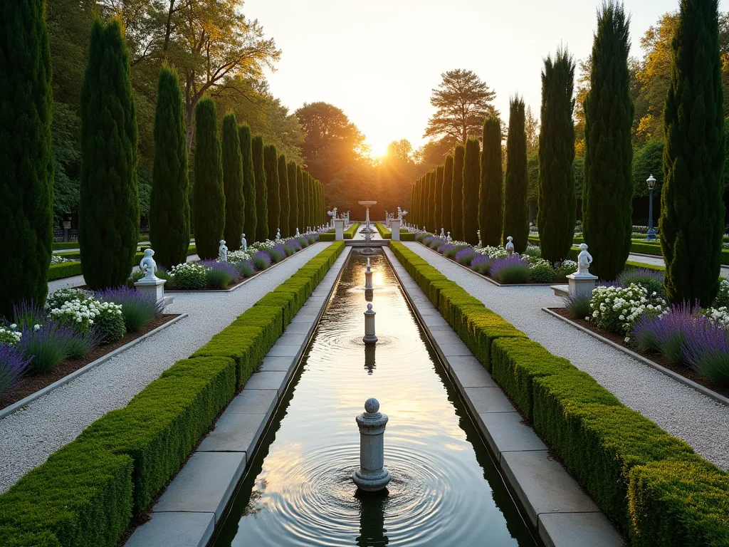 Elegant Formal Garden Canal with Classical Elements - A stunning wide-angle DSLR photo of a symmetrical formal garden canal at golden hour, captured at f/8. The meticulously designed water channel features limestone edging and flows through the center of a manicured garden. Perfectly trimmed boxwood hedges line both sides of the canal, creating strong geometric patterns. Two classical marble fountains with cherub statues mark the ends of the canal, their water gracefully cascading. Italian cypress trees stand as vertical sentinels along the pathway. The formal garden is enhanced by precisely arranged beds of lavender and white roses. Gravel paths parallel the canal, while ornate stone benches offer viewing points. The low evening sun casts long shadows across the structured landscape, highlighting the water's mirror-like surface and the classical European garden design elements.