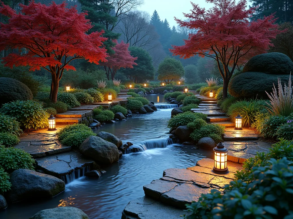 Four Seasons Garden Stream - Wide-angle photographic shot of a gently winding garden stream at dusk, beautifully landscaped to showcase all four seasons. The stream features natural stone edges with multiple tiers and small waterfalls. Left bank shows early spring cherry blossoms and emerging ferns, transitioning to summer hydrangeas and ornamental grasses, then to Japanese maples with vibrant autumn colors, and finally winter hollies with red berries and evergreen conifers. Illuminated pathway lanterns cast a warm glow on the flowing water, which varies in depth and width throughout its course. Strategically placed flat stepping stones cross the stream, while moss-covered rocks create natural resting points. Professional landscape photography, cinematic lighting, hyper-realistic detail, 8K resolution.