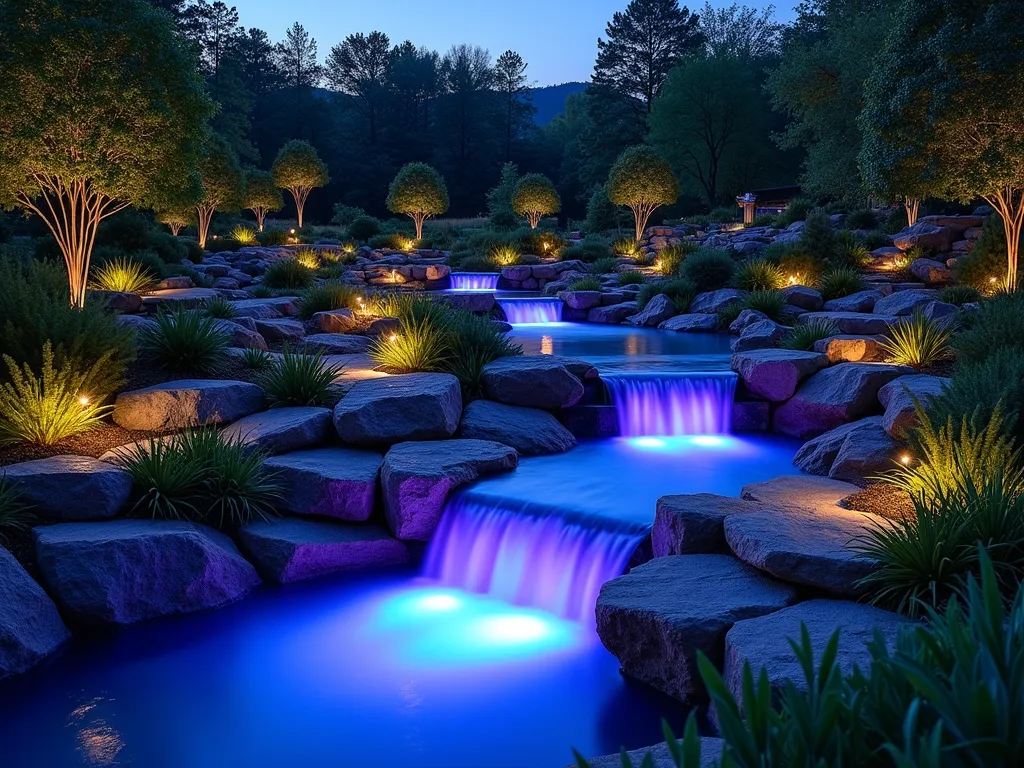 Enchanted Night Stream with LED Illumination - A mesmerizing twilight photograph of a gently curved garden stream, captured with a wide-angle lens at dusk. Crystal-clear water cascades over natural stone formations, while color-changing LED lights beneath the water surface create an ethereal blue and purple glow. Submerged light fixtures illuminate the flowing water, creating dancing light patterns on the surrounding landscape. Natural river rocks line the stream banks, with carefully placed accent boulders catching the light. Japanese forest grass and low-growing ferns soften the edges, their leaves catching the ambient light. Small architectural bridges cross the stream, featuring integrated lighting that casts gentle shadows. The stream leads to a tranquil pool where water dances through illuminated fountain jets. Shot with DSLR camera, f/8 aperture, capturing the perfect balance between the LED illumination and the deep blue twilight sky.