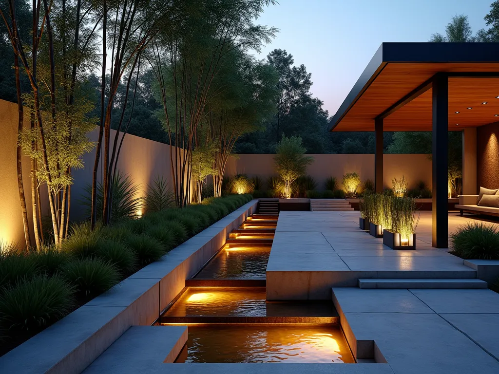 Contemporary Industrial Garden Stream - A stunning twilight scene of a modern backyard featuring a geometric concrete channel stream with crisp edges, illuminated by hidden LED strips. The water flows over angular steel plates creating miniature waterfalls, surrounded by architectural black bamboo and horsetail reed. Clean lines of Corten steel planters frame the stream, while large concrete pavers create a minimal pathway alongside. Dramatic uplighting highlights the structural plants, casting dramatic shadows on smooth concrete walls. The stream disappears under a floating steel bridge, with reflection of the warm lighting dancing on the water's surface. Photorealistic, ultra-detailed, architectural photography style.