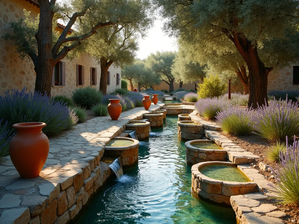 Sun-Drenched Mediterranean Stream Garden - A serene Mediterranean garden stream at golden hour, photographed with a wide-angle DSLR lens. Crystal-clear water cascades through weathered limestone channels into tranquil collecting pools, bordered by authentic terracotta urns and pots. Mature olive trees cast dappled shadows across the scene, while clusters of fragrant lavender and rosemary spill over the stream's edges. Natural stone pathways meander alongside the water feature, creating an intimate garden setting. The warm evening light highlights the rustic textures of the limestone and terracotta elements, while the Mediterranean plantings add soft purple and silver-green hues to the composition. Photorealistic, f/8, ISO 100, 1/125 sec, golden hour lighting, architectural detail, 4K resolution.