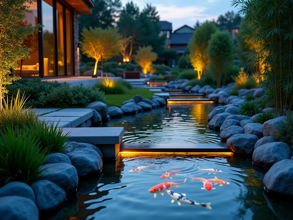 Modern Glass-Bottom Garden Stream - A stunning dusk photograph of a contemporary garden stream with illuminated glass panels running through a landscaped backyard. The wide-angle shot captures crystal-clear water flowing over LED-lit glass sections, revealing colorful koi fish swimming below. Underwater aquatic plants sway gently beneath the surface, while modern stone pavers line the stream's edges. Natural river rocks and small waterfalls create gentle ripples across the glass sections. Japanese forest grass and dwarf bamboo provide soft textural contrast along the banks, with strategic landscape lighting creating a magical atmosphere. Shot with a DSLR camera at f/8, capturing the perfect balance between the fading natural light and the stream's ethereal glow.