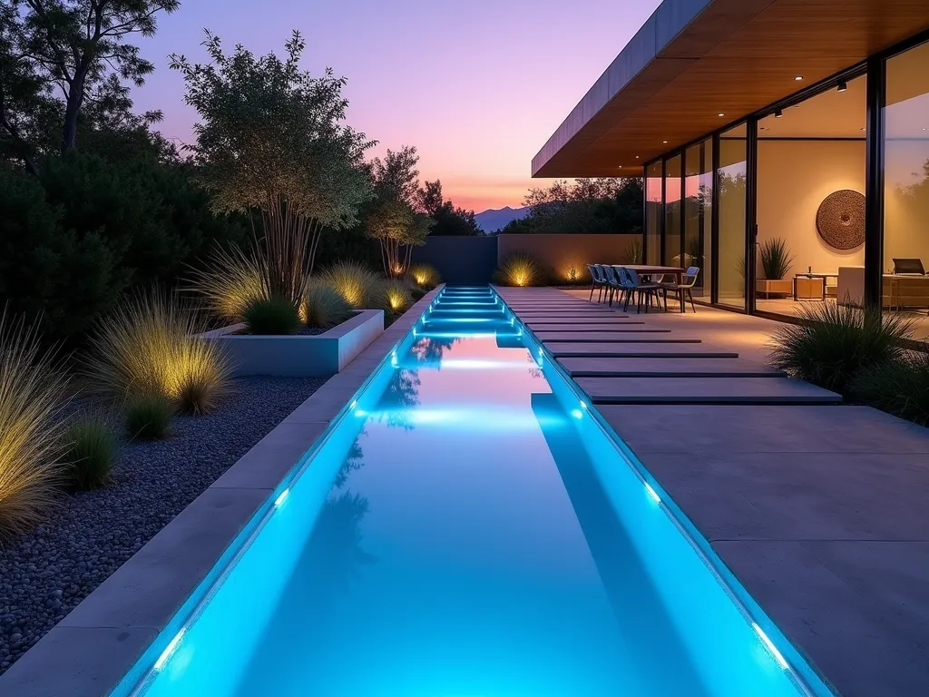 Illuminated Linear Garden Stream - A stunning twilight photograph of a contemporary garden featuring a sleek linear water stream with geometric precision. The stream's straight lines and right angles are defined by polished concrete borders that seem to float above the water surface. LED strip lighting embedded along the stream's edge casts a cool blue glow, creating dramatic reflections on the crystal-clear water. The stream is flanked by modern steel planters containing architectural grasses and bamboo, while minimalist stepping stones cross the water at perfect right angles. Shot from a low angle perspective, capturing the stream's length as it disappears into the background, with the last rays of sunset creating a purple-orange sky above. The surrounding space features clean-lined landscaping with crushed granite pathways and strategic uplighting on sculptural plants. Photographed with a DSLR camera using a wide-angle lens at f/8, ISO 100, creating perfect depth and clarity in the transitional evening light.