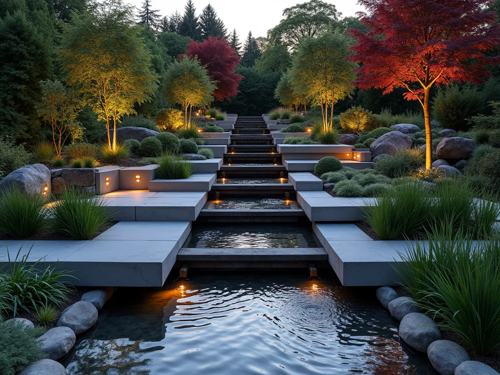 Modern Stepped Garden Stream at Dusk - A captivating wide-angle shot of a contemporary terraced garden stream at dusk, featuring five geometric concrete levels cascading down a gentle slope. Each terrace contains a distinct water feature - from mirror-like still pools to dancing ripples created by small waterfalls. Natural stone accents line the edges, while strategic uplighting illuminates the water's journey. Japanese forest grass and dwarf bamboo soften the geometric edges, while ornamental grasses create movement alongside the water. Modern steel planters with trailing ivy enhance the contemporary aesthetic. The entire scene is bathed in the warm glow of sunset, with subtle landscape lighting beginning to emerge, creating dramatic reflections on the water's surface. The background showcases mature Japanese maples providing height and organic contrast to the linear design.