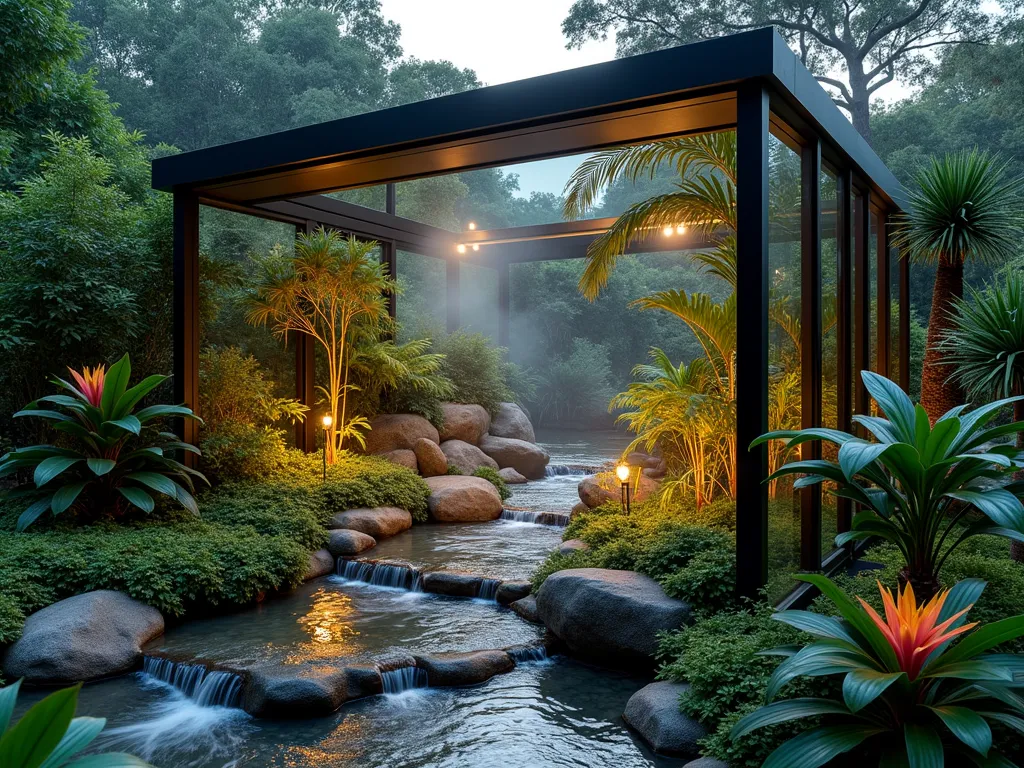 Modern Terrarium Stream Paradise - A stunning modern glass terrarium structure in a backyard garden, featuring a winding crystal-clear stream flowing through tropical vegetation. The rectangular glass enclosure has sleek black frames and floor-to-ceiling viewing windows. Inside, a meandering stream cascades over smooth river rocks, surrounded by lush ferns, orchids, and exotic philodendrons. Dramatic evening lighting illuminates the water feature and creates magical reflections on the glass walls. Small access doors are visible on the sides, and mist hovers above the water surface, creating an ethereal atmosphere. The stream is bordered by moss-covered stones and miniature bamboo groves, while colorful bromeliads add pops of color throughout.