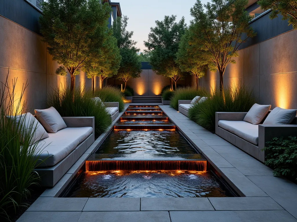 Modern Urban Courtyard Stream at Twilight - A stylish urban courtyard garden at twilight featuring a sleek, narrow stream cascading over multiple illuminated tiers of dark stone. Built-in concrete benches with plush cushions line one side, while vertical copper water features create gentle waterfalls. Ambient LED lighting casts a warm glow on the water's surface and highlights ornamental grasses. Japanese maples and bamboo provide vertical interest, with strategic uplighting creating dramatic shadows. The intimate space is enhanced by geometric pavers and minimalist design elements, creating a peaceful urban oasis. Shot from a medium-high angle to showcase the stream's flow and spatial layout.