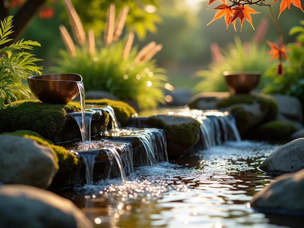 Enchanted Musical Garden Stream - Close-up shot of a serene garden stream at golden hour, with crystal-clear water cascading over copper and brass chimes creating a harmonious display. Multiple mini-waterfalls flow through carved stone channels, each designed to produce different musical notes. Japanese bamboo water fountains periodically tip and strike resonant metal bowls. Delicate bronze wind bells hang from nearby Japanese maple branches, complementing the water music. Natural moss-covered rocks frame the stream, while ornamental grasses and ferns sway gently in the background. Soft evening light filters through the foliage, creating a magical atmosphere with gentle water sparkles.