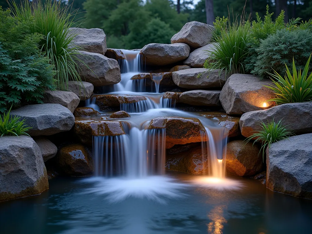 Mountain Stream Cascade at Twilight - A stunning backyard waterfall photographed at twilight with a 16-35mm lens at f/2.8, ISO 400. Natural granite boulders and river rocks create multiple cascading levels, with crystal-clear water flowing gently down into serene pools. Native ferns and moss cling to the weathered rocks, while soft landscape lighting illuminates the falls from beneath the water's surface. The composition captures the entire feature from a slight low angle, showing the natural integration with the surrounding garden landscape. Water droplets catch the light, creating a ethereal atmosphere as mist rises from the falls. Japanese forest grass and creeping Jenny soften the edges, while strategic uplighting creates dramatic shadows on the rock face.