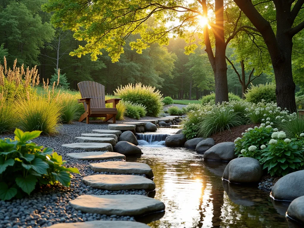 Serene Pebble Stream Garden Retreat - A tranquil backyard garden scene at golden hour, featuring a gently winding stream with smooth river pebbles creating natural beaches along its edges. Large flat stepping stones cross the shallow water, while lush ornamental grasses and Japanese forest grass sway along the banks. A wooden Adirondack chair sits nestled among flowering hydrangeas and native ferns, offering a peaceful viewing spot. Natural stone boulders frame the stream, with water trickling over small rapids. Captured with a wide-angle perspective showing the stream's meandering path, with soft golden sunlight filtering through overhead maple trees, creating dancing reflections on the crystal-clear water. The shallow stream depth is evident, with carefully placed river rocks visible beneath the surface, photographed with professional depth of field and natural lighting.