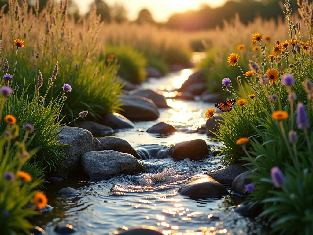 Prairie Stream at Golden Hour - A stunning wide-angle photograph of a natural backyard stream at golden hour, gently meandering through tall prairie grasses and wildflowers. The stream features small rocky rapids and peaceful pools, bordered by swaying Big Bluestem grass and Black-Eyed Susans. Native butterfly weed and purple coneflowers dot the margins, while a monarch butterfly rests on a flowering plant. Soft, warm sunlight filters through the grasses, creating a magical glow across the water's surface. Shot with a digital camera, 16-35mm lens at f/2.8, ISO 400, capturing the stream's gentle curves and the interplay of light and shadow across the natural prairie landscape.