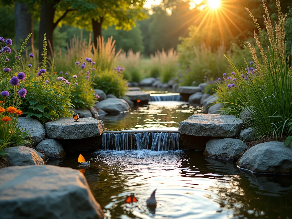 Solar-Powered Eco-Stream Sanctuary - A serene backyard eco-stream photographed at golden hour with a wide-angle 16-35mm lens, f/2.8, ISO 400. The natural-looking stream features recycled glass and stone borders, with solar panels discreetly integrated into decorative posts. Water cascades over recycled ceramic tiles, creating gentle ripples. Native wetland plants like Purple Coneflowers and Black-Eyed Susans line the banks, while Water Iris and Reed Grasses emerge from shallow areas. A small solar-powered pump system is partially visible, showcasing the sustainable technology. Natural stone steppers cross the stream, made from reclaimed materials. The water appears crystal clear due to visible biological filtration zones filled with aquatic plants. Small wildlife like butterflies and dragonflies hover over the water, while a stone-lined pond area provides a haven for local fauna. Dappled sunlight filters through nearby trees, highlighting the water's natural movement and the sustainable materials used throughout.