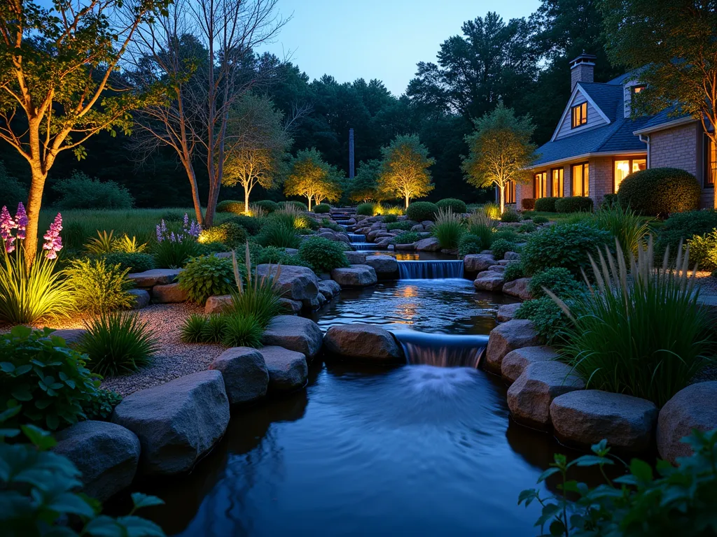 Sustainable Rain Garden Stream at Twilight - A serene twilight photograph of a naturalistic rain garden stream meandering through a residential backyard. Shot with a wide-angle lens capturing the entire ecosystem. The stream features multiple terraced levels with stone edges, where water gently cascades down. Native wetland plants like iris, rushes, and sedges line the banks, their forms silhouetted against the dusky sky. Bio-filtration zones are visible with gravel beds and aquatic plants. Natural stone bridges cross the stream at key points. LED landscape lighting subtly illuminates the water's path, creating a magical atmosphere. The overflow area is beautifully integrated with a decorative rain garden bowl planted with moisture-loving ferns and cardinal flowers. Captured with dramatic lighting that highlights the water's movement and creates reflections on the surface. Professional photograph taken with a 16-35mm lens at f/2.8, ISO 400, during the blue hour.