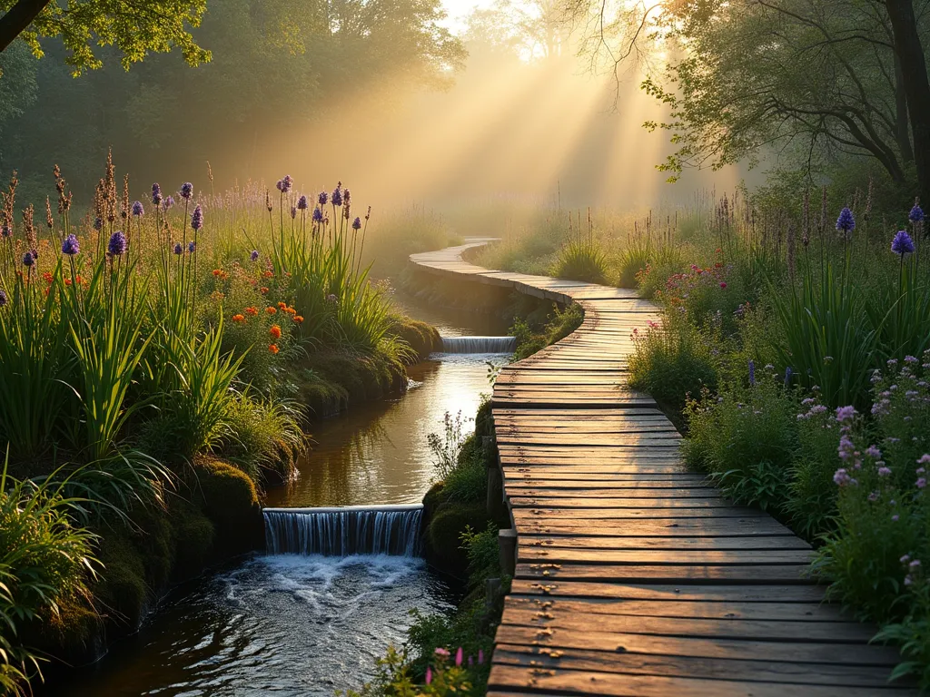 Tranquil Bog Garden Stream at Dawn - A serene, naturalistic bog garden stream photographed at dawn with golden morning light filtering through morning mist. A rustic wooden boardwalk curves gently over a meandering stream with varying depths, creating peaceful reflections. The margins are lush with flowering iris, marsh marigolds, and towering purple loosestrife. Ferns cascade over moss-covered rocks while rushes and sedges sway in the morning breeze. Small waterfalls connect different pool depths, creating gentle ripples. Shot with a wide-angle lens at f/2.8, capturing the entire peaceful scene with the boardwalk leading the eye through the composition. The morning light creates a magical atmosphere with subtle fog hovering over the water surface, highlighting dewdrops on the vegetation.