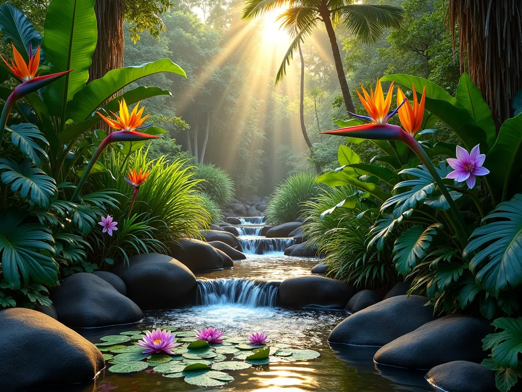 Tropical Paradise Garden Stream - A lush tropical garden stream at golden hour, shot in wide angle, featuring cascading crystal-clear water flowing over smooth black river rocks. Dense tropical foliage frames the scene, with towering bird of paradise plants and giant elephant ear leaves creating dramatic shadows. Vibrant red and orange heliconias and purple orchids dot the landscape. A small serene waterfall tumbles into a shallow pool where floating water lilies and lotus flowers bloom. Japanese forest grass sways gently along the stream's edge, while climbing philodendrons wrap around natural stone boulders. Dappled sunlight filters through the canopy, creating a magical rainforest atmosphere with mist rising from the water's surface.