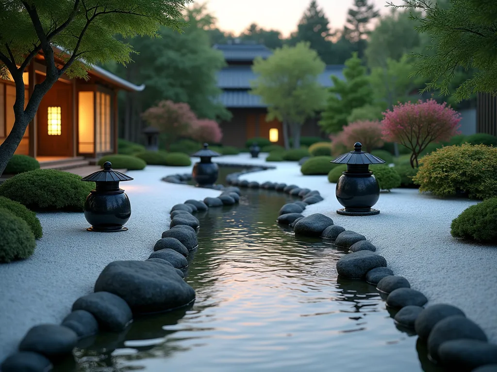 Serene Japanese Zen Garden Stream at Dusk - A tranquil Japanese zen garden photographed at dusk with a 16-35mm lens, f/2.8, ISO 400. A gentle meandering stream flows through meticulously raked white gravel, bordered by smooth river rocks and moss-covered stones. Traditional bamboo sokei water features create peaceful water sounds. Black stone lanterns cast soft shadows across the landscape. Perfectly manicured dwarf maple trees and neatly trimmed azalea bushes frame the scene. Vertical bamboo stalks provide height in the background. Low-growing moss and carefully placed ornamental grasses add texture. The stream reflects the warm twilight sky, creating a mirror-like surface. Natural stone steps cross the stream at strategic points. Shot from a low angle to emphasize the stream's gentle curves and create depth, photorealistic, ultra-detailed, 8k resolution.